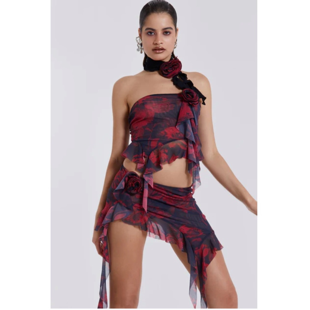 Jaded London Selene Asymmetric Boob Tube & Mini Skirt Set with Necktie